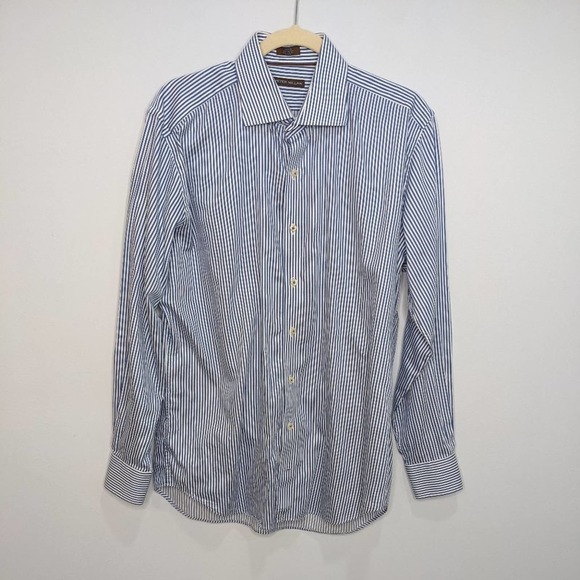 Peter Millar Mens Large Cotton Blue White Striped Button Dress Shirt Long Sleeve - Picture 1 of 5